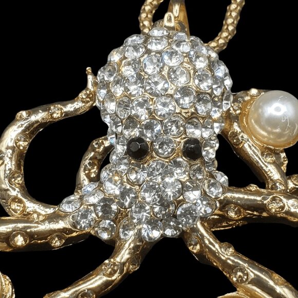Octopus Pendant Necklace Rhinestone Faux Pearl Gold Tone Giftboxed Ocean - Picture 5 of 7